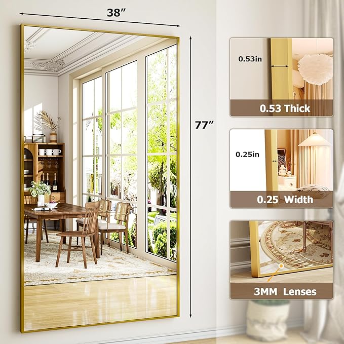Full Length Mirror with Stand 38"x77" Full Body Mirror Floor Mirror Standing Hanging or Leaning Wall, Wall Mirror with Stand Aluminum Alloy Frame for Living Room Bedroom Cloakroom,Gold