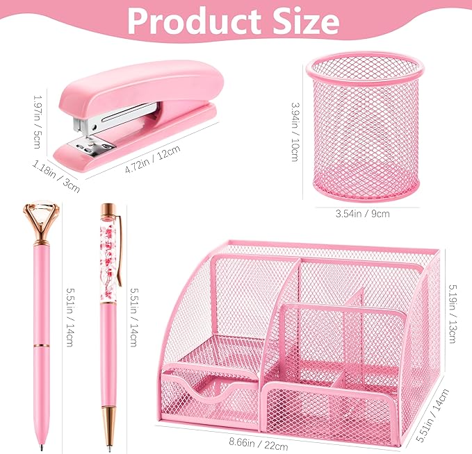 11 Pcs Pink Office Supplies Set Mesh Desk Organizer Accessories Kit Include Stapler Tape Dispenser Staple Remover Clips Ruler Scissors Sticky Notes for Office School Home Women (Pink)