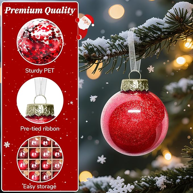 DeckTheHalls Christmas Ball Ornaments Set, 32-Piece Clear Plastic Decor for Crafts, Reusable DIY Festive Tree Decorations, Easy Hang Unbreakable Ornaments for Holiday, Party, Wedding (Red)