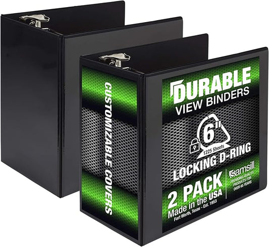 Samsill Durable 6 inch 3 Ring Binder, Made in USA, Locking D Ring FSC 100% Recycled Chipboard, Black, 2 Pack