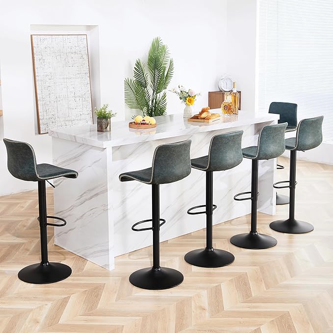 HeuGah Bar Stools Set of 6, Swivel Counter Height Barstools with Back, Adjustable Height 24" to 32", Faux Leather Bar Chairs for Kitchen Island (Deep Teal, Set of 6 (24'' to 32''))