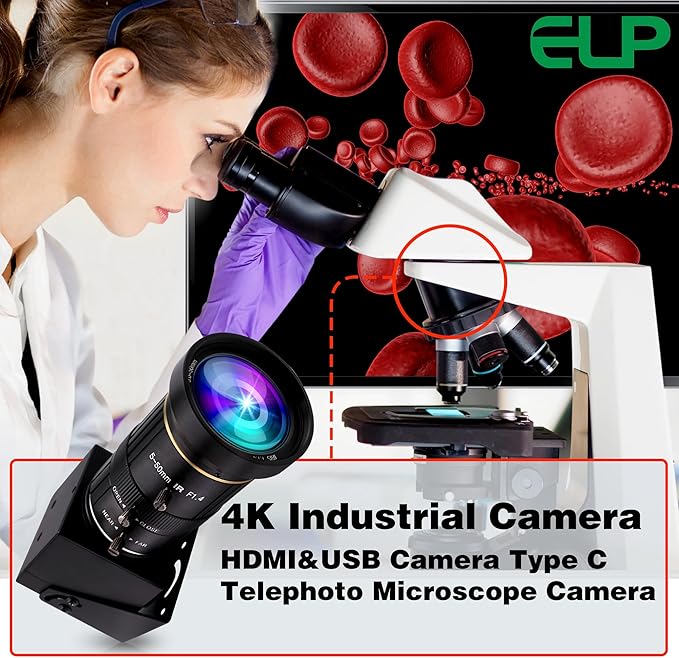 ELP 4K USB HDMI USB Camera Manual Zoom Webcam Variable Focus PC Camera Mini Close-up Camera for Computer H.264 Telescope USB Security Camera 8mp IMX415 Industrial CCTV Camera (5-50mm 10X Zoom Lens)