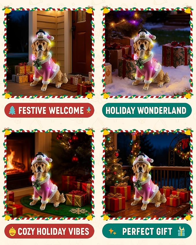 Christmas Outdoor Decoration Dog Statue, LED Light Cute Golden Retriever Dog Sculpture with Pink Santa Outfit & Lights for Garden and Yard, Indoor Holiday Décor Gift for mom and dad