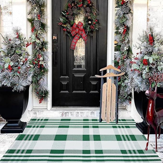 Christmas Door Mat Outdoor 27.5” x 43” Green and White Plaid Rug Christmas Decor Rug Cotton Hand-Woven Layered Door Mats Washable Carpet for Front Porch, Kitchen, Farmhouse, Entryway