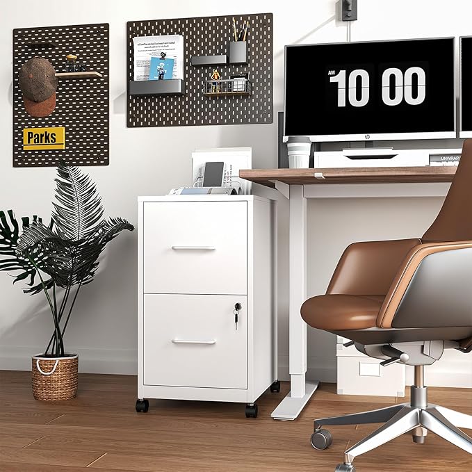 2 Drawer File Cabinet with Lock, Mobile File Cabinets with Wheels, Metal Office Storage Cabinet Under Desk,Vertical Filing Cabinets for Home Office, Required Assembly
