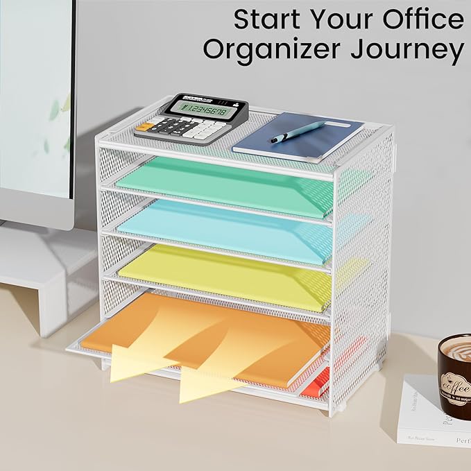 2 Pack 6 Tier Paper Organizer, Metal Mesh Desk File Folder, Letter Tray Organizer, Paper Sorter Desk Organizers for Office, Home or School File Folder Holder - White