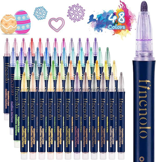 48 Colors Double Line Outline Markers, Shimmer Outline Marker Pen Set with Metallic & Glitter Effects, Self-Outline Shimmer Markers for Card Making, DIY Art, and Doodling, Perfect for Kids & Adults