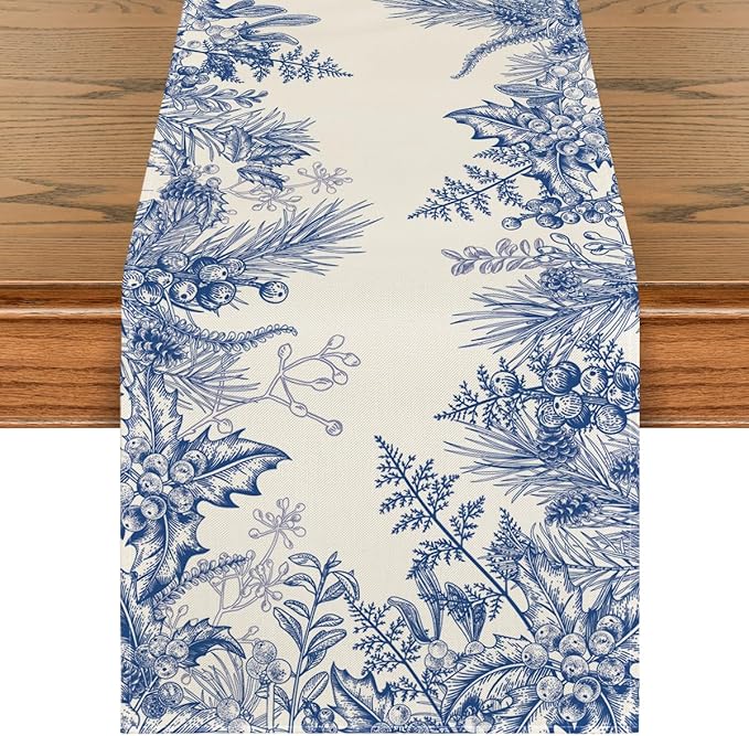 Artoid Mode Monochrome Sketch Holly Pine Cone Christmas Table Runner, Seasonal Winter Kitchen Dining Table Decoration for Home Party Decor 13x72 Inch