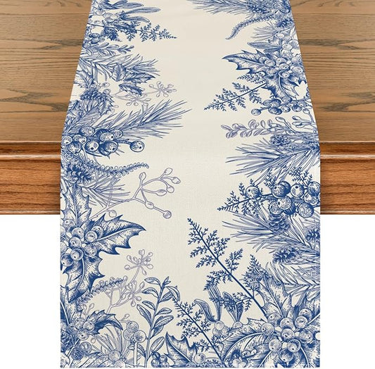 Artoid Mode Monochrome Sketch Holly Pine Cone Christmas Table Runner, Seasonal Winter Kitchen Dining Table Decoration for Home Party Decor 13x72 Inch