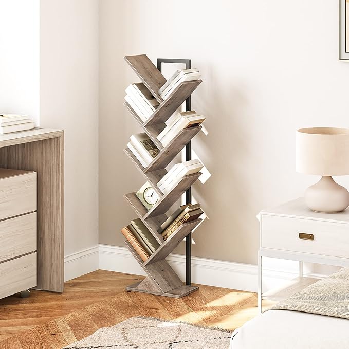 HOOBRO Tree Bookshelf, 9-Tier Bookcase Wooden Shelves, Floor Standing Storage Rack, for Display of CDs, Books in Living Room, Home Office, Wood Storage Rack for Bedroom, Greige BG08SJ01G1