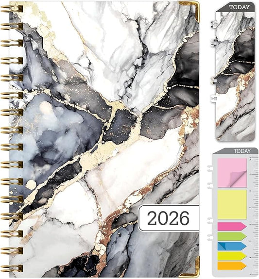 HARDCOVER 2026 Planner, 5.5"x8": 14 Months (November 2025 - December 2026), Daily Weekly Monthly Planner, Yearly Agenda, Bookmark, Pocket Folder and Sticky Note Set (Black Gold Marble)