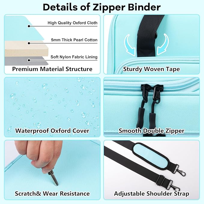 3 D-Ring Zipper Binder 2 inch with Shoulder Strap, Waterproof Oxford Binder with Zipper Storage 500 Sheets Capacity, Multi-Pockets Organizer Bag for 13 inch Laptop College Office (Blue)