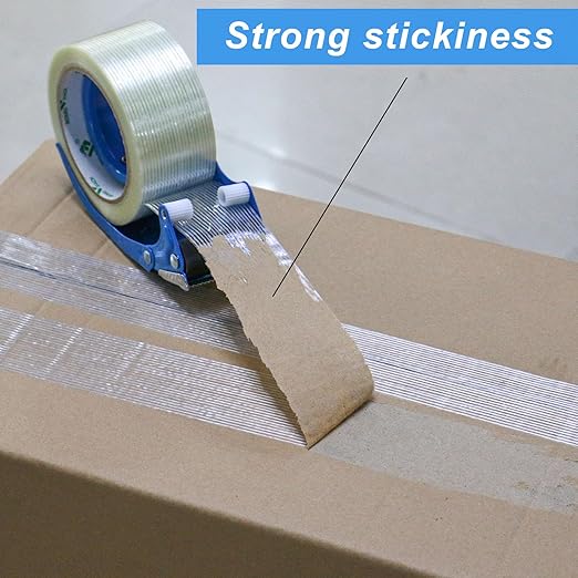 BOMEI PACK Strapping Tape 2Inch with Dispenser, Mono Fiberglass Reinforced Packing Tape with String for Shipping, 3Rolls x 5.5Mil x 35Yds, Total 105Yds