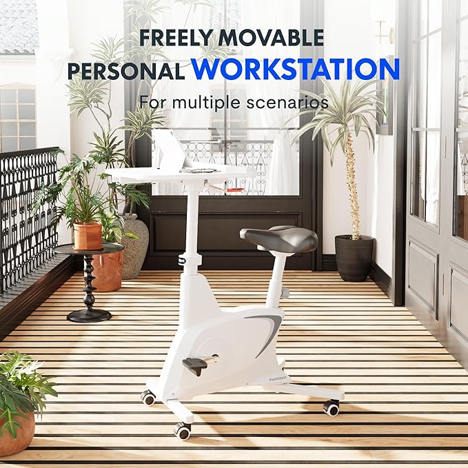 FLEXISPOT 3-in-1 Small Standing Desk Adjustable Height Movable Rolling Desks Laptop Desks Workstation with Integrated Pedal Exerciser Wide Seat, Desk for Home Office Corner Small Space, White