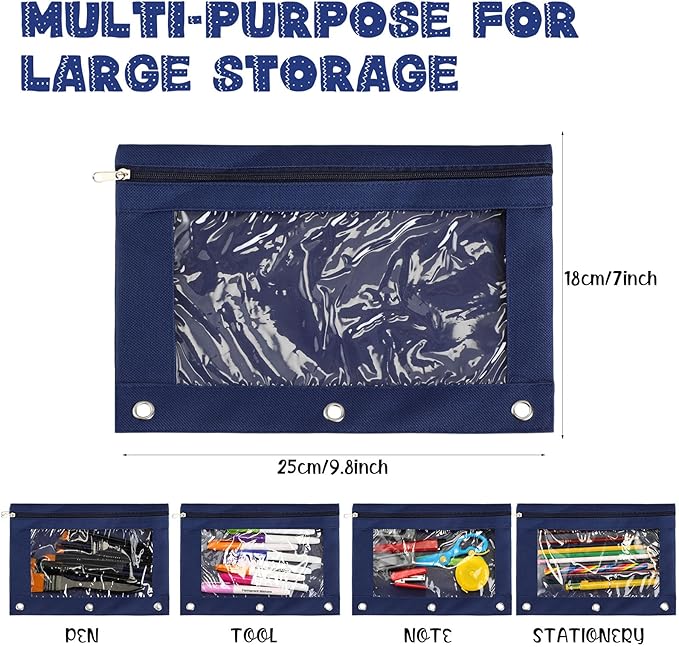 Marspark 30 Packs Pencil Pouch 3 Ring Binder Pen Pouch Cloth Pencil Pouches Zipper Pen Case Bag with Clear Window for School Office Writing Supplies Gifts(Navy Blue)