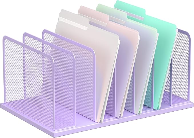 Kuntine.B Desk File Organizer Upright Mesh Desktop Organizer File Sorter Office Organization File Holder for Home, Office & Classroom (Purple, 1 Pack 7-Section)