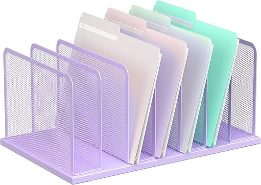 Kuntine.B Desk File Organizer Upright Mesh Desktop Organizer File Sorter Office Organization File Holder for Home, Office & Classroom (Purple, 1 Pack 7-Section)