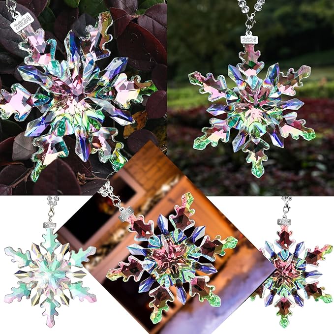 2024 Annual Edition Snowflake Crystal Christmas Ornaments,Christmas Tree Ornaments Crystal Sun Catcher Home Hanging Decor (2024Colorful)