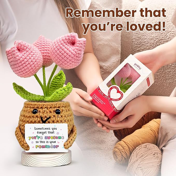 Gossby Handmade Positive Tulip Flower Crochet - Sometimes You Forget You're Awesome - Inspirational Gift for Women - Birthday, Appreciation, Positive Gift for Teacher, Mom, Friend, Coworker