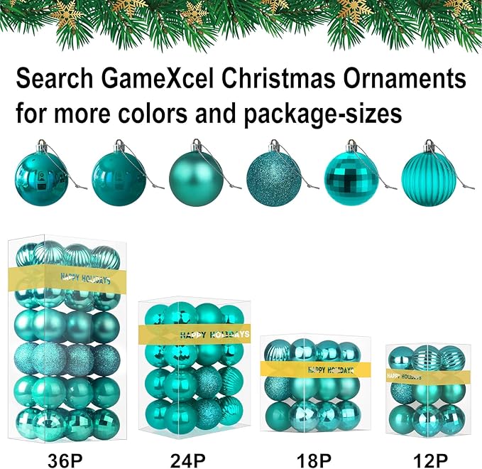 Teal 2.5" Christmas Balls Christmas Tree Decoration Ornaments Shatterproof Hanging Balls for Birthday Halloween Holiday Wedding Decorations Set of 18pcs