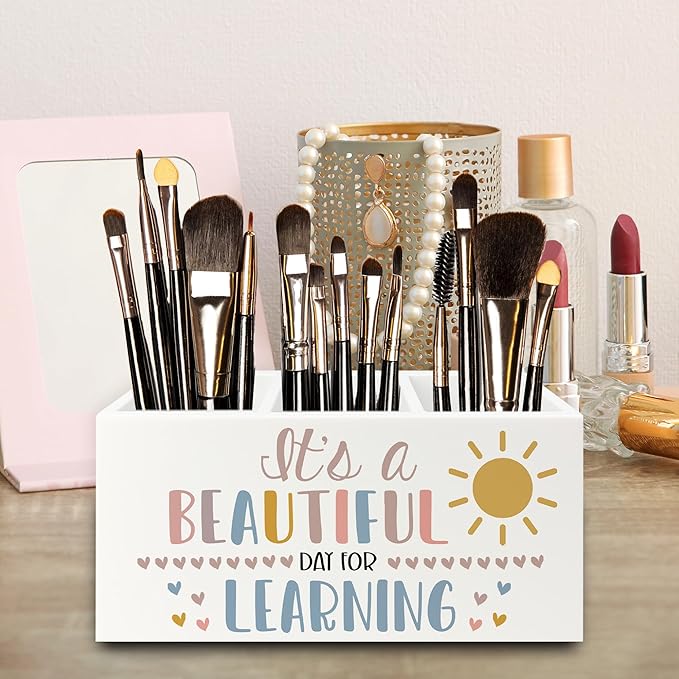 Boho Classroom Pen Pencil Holder Organizer for Desk, It's a Beautiful Day for Learning Wooden Box Signs Decorations for Home Office Desk Tabletop, Boho Classroom Decor