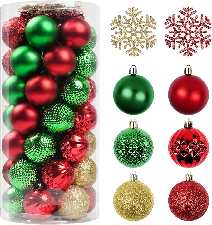 Christmas Tree Decorations Ornament Set, 60ct 2.36 Inches Red Green and Gold Shatterproof Christmas Ball Ornaments, Hanging Ball for Xmas Holiday Wedding Party Decor