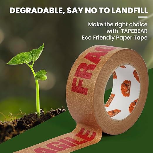 TAPEBEAR Fragile Tape Eco-Friendly Kraft Paper Tape 2Inch x 55Yard, Biodegradable Packaging Brown Paper Tape Self Adhesive Box Tape for Small Business, Shipping, Sealing, Moving, 3Rolls
