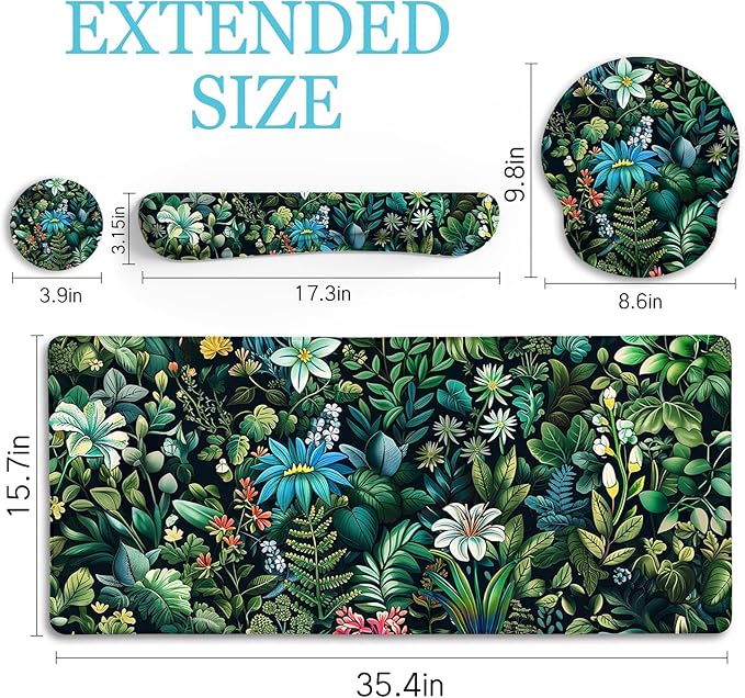 Floral Mouse Pad Large Desk Mat Set, Green Ergonomic Mouse Pad with Wrist Rest Keyboard Wrist Support XXL Mousepad Cup Coaster Set, Cute Green Office Desk Accessories Decor Supplies