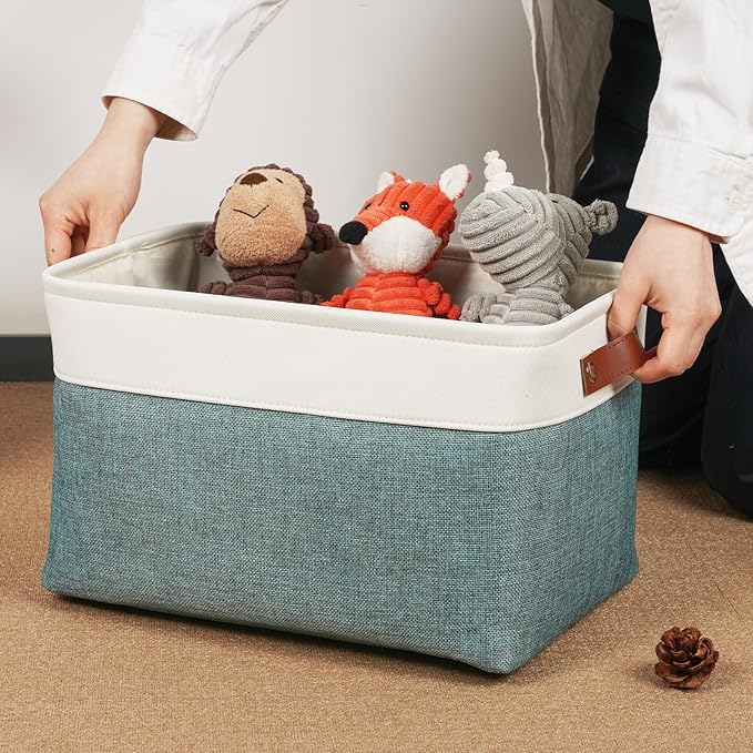 DULLEMELO Storage Baskets for Organizing,Rectangular Fabric Storage Bins with Handles for Office,Bedroom(3-Pack -15 inch X 11 inch X 9.5 inch, White&Dark Green)