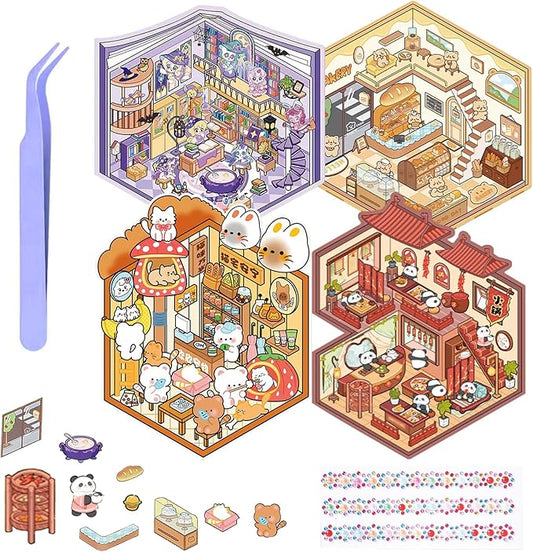 selgratwin DIY 3D Sticker Scenes for Adults Kids Reusable Cute Scene Stickers with Tweezer and Gem Stickers DIY Fun Mini Shops,playgrounds,Dream Houses Sticker Therapy Relief Stress ﻿Pass The time