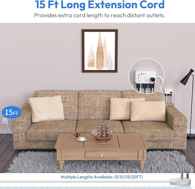 Extension Cord 15 ft, Surge Protector Power Strip with 6 Outlets 4 USB Charger(2 USB C Port), Flat Plug Outlet Extender Long Cord, Protection for Indoor, Home, Office Supplies, Dorm Room Essentials