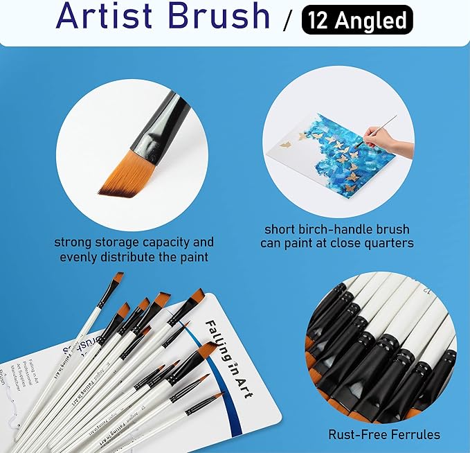 Falling in Art Paint Brushes Set, 12 PCS Nylon Professional Angled Paint Brushes for Watercolor, Oil Painting, Acrylic, Face Body Nail Art, Crafts, Rock Painting
