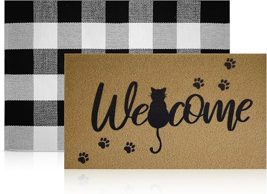 2 Pcs Halloween Welcome Door Mat 30 x 17 Inch Black Cat Coir Doormats for Front Door Cat Paw Door Mat Non Slip 2-in-1 Buffalo Plaid Rug for Outside Entrance Porch Home Patio Decor