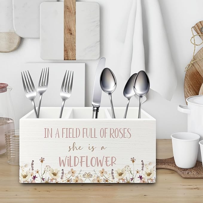 Wildflower Nursery Decor Pen Pencil Holder Organizer for Desk, Girl Nursery Decor, in a Field Full of Roses She Is a Wildflower Wooden Box Sign for Girly Room Bedroom Desk Tabletop Decorations
