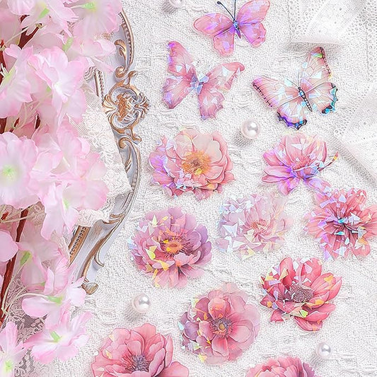 Doraking 60 Pieces Glitter Shiny Flower Stickers for Journaling, Waterproof Decorative Decal for Scrapbooking Supplies Journal Planners Art Crafts Photo Album Decor (Pink)