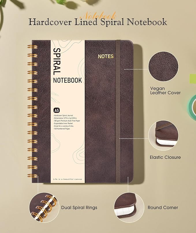 Graph Spiral Journal Notebook, A5 Hardcover Spiral Journals for Women Men, 100 GSM Graph Paper Notebooks, 150 Pages Spiral Bound Grid Notebook for Writing Note Taking Work 5.75" x 8.38", Dark Brown