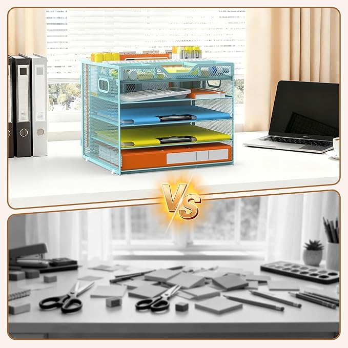 Docnest 5 Tier Letter Tray with Hanging File Organizer-Mesh Desk Organizer-Desktop Storage Box Built in Pen Holder and Handles, File Folder Holder for Mail Documents Office Supplies-Blue