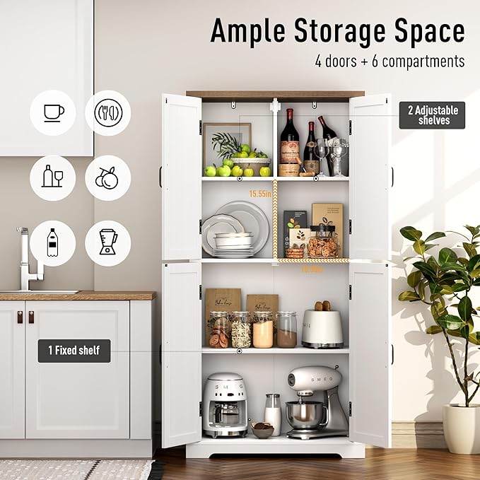 HOSTACK 64" Tall Pantry Cabinet, Modern Farmhouse Kitchen Pantry, Wood Bathroom Storage Cabinet, Large Bookcase, 4 Doors|Adjustable Shelves, for Dining Room, Living Room, Home Office, White
