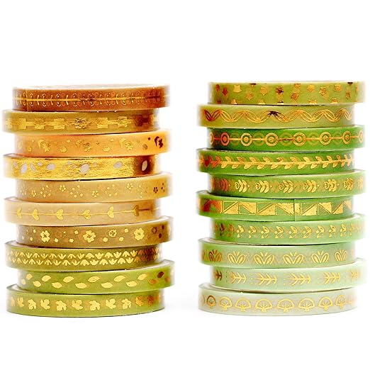 YUBX Skinny Gold Washi Tape Set Basic Foil Print Decorative Masking Tapes for Arts, DIY Crafts, Journals, Planners, Scrapbook, Wrapping (Green in Summer)
