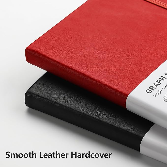 RETTACY Graph Grid Paper Notebook, 192 Pages, A5 Medium Size (5.7'' x 8.3''), 5 Squares per Inch, Leather Hardcover, 100 GSM Thick Paper, for School, Students, Math, Engineering (Red)