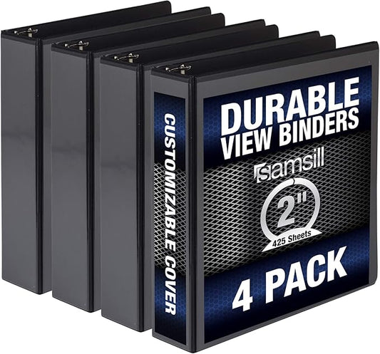 Samsill Durable 2 Inch Binder, Made in the USA, Round Ring Customizable Clear View Binder, Black, 4 Pack (MP48460)