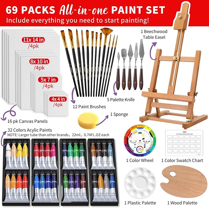 ARTALLY Acrylic Paint Set for Adults & Kids, 69 Pcs Canvas Painting Kits, 32 Colors Acrylic Paint (22ML),Table Easel,Brushes,Canvas, Art Painting Supplies Kit for Students,Artists,Beginners