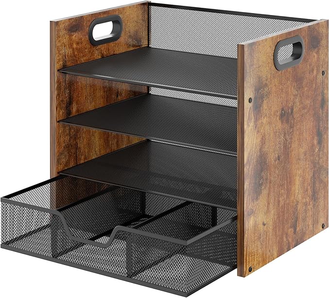 Wood Desk Organizer - 4-Tier Desktop File Organizer with Drawer, Wooden Paper Tray, Office Desk Organizer for Papers, Mail, Notebooks, Stationery