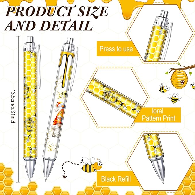 Thenshop 50 Pcs Bee Pens Bulk Honey Bee Theme Gel Ink Ballpoint Pens Honeycomb Gnome Party Favors Appreciation Gifts for Friends Office Employee Work