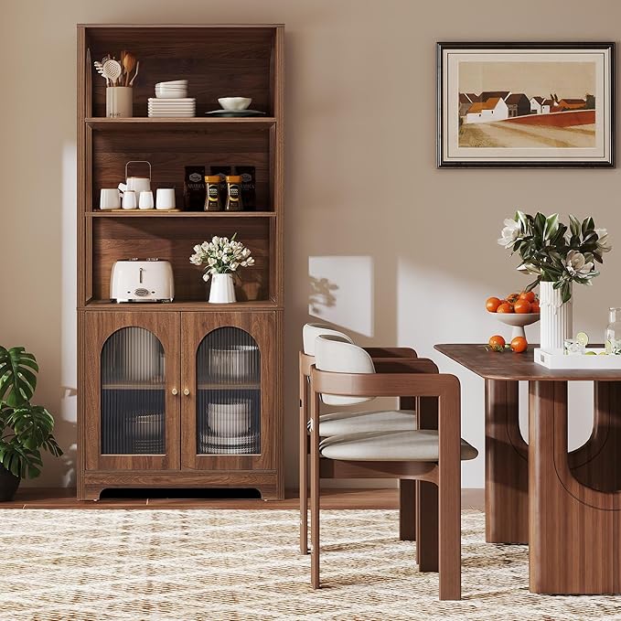 RARZOE 71" Tall Bookshelf and Bookcase, 5-Tier Arched Bookshelf with Glass Doors, Floor Standing 5 Shelf Book case, Wood Display Cabinet Storage Organizer for Living Room, Bedroom, Office(Walnut)