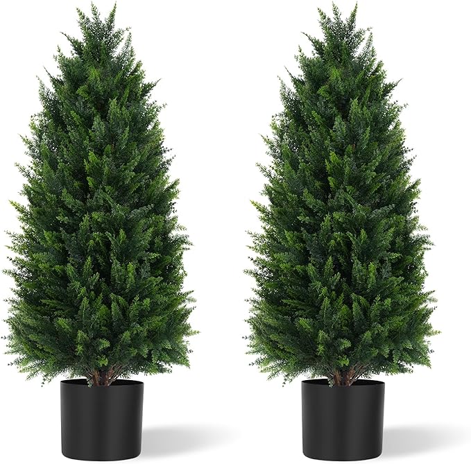 Artificial Cedar Trees, 3FT Tall Faux Tree Potted Plants with Trunk 36in Fake Cypress Tree for Indoor Outdoor Front Porch Garden Decor-2pack