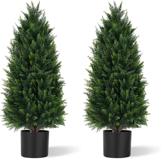 Artificial Cedar Trees, 3FT Tall Faux Tree Potted Plants with Trunk 36in Fake Cypress Tree for Indoor Outdoor Front Porch Garden Decor-2pack