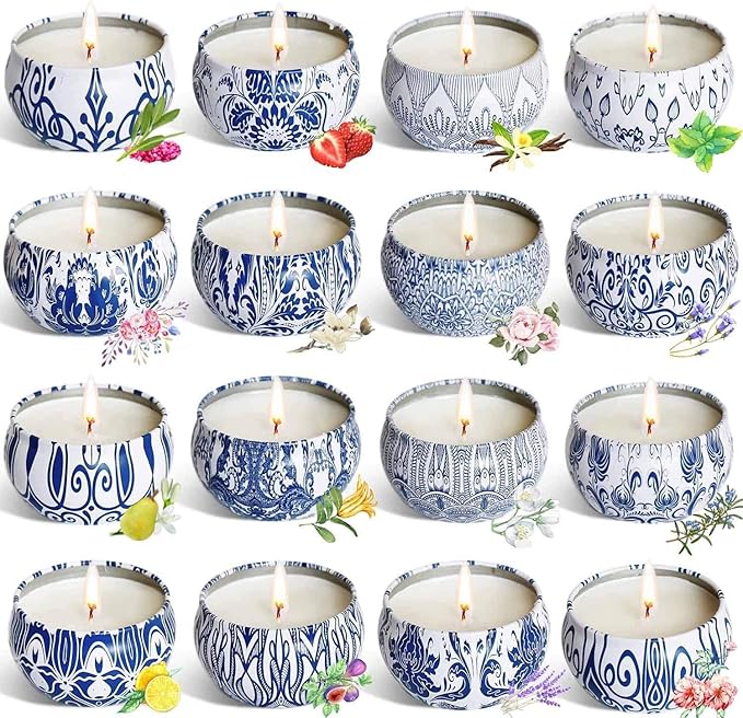 JHENG Set of 16 Small Scented Candles Soy Wax Aromatherapy Candles 2.5 OZ Portable Tin Candles with Lid, Relaxation Gifts Basket for Mother, Women, Friends and Coworkers