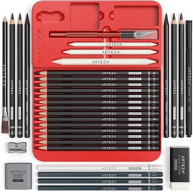 Arteza Drawing Set for Adults, Set of 33 Artist Sketching Tools, 20 Graphite & 4 Charcoal Sketch Pencils, 1 Fineliner, 3 Blenders, 1 Sharpener, 3 Erasers & 1 Hobby Knife, Art Supplies for Drawing