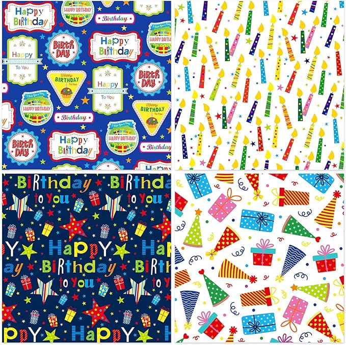 24 Sheets Happy Birthday Scrapbook Paper Pad,160gsm Textured Double-Sided Pattern Planner Junk Journal Craft Paper,Card Making Supplies,30×30cm